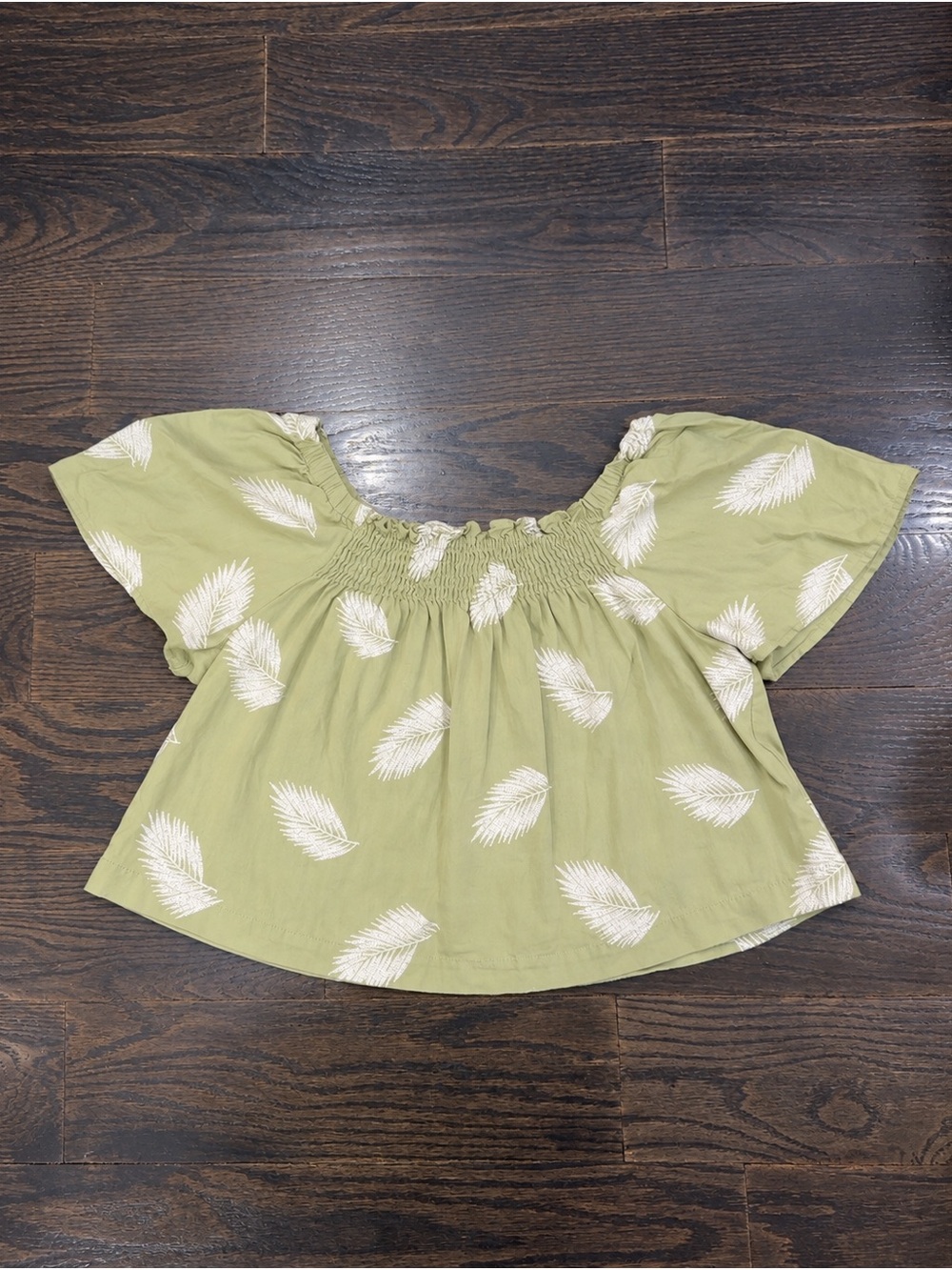 Zara Girls Olive Green Leaf-Print Off-Shoulder Top